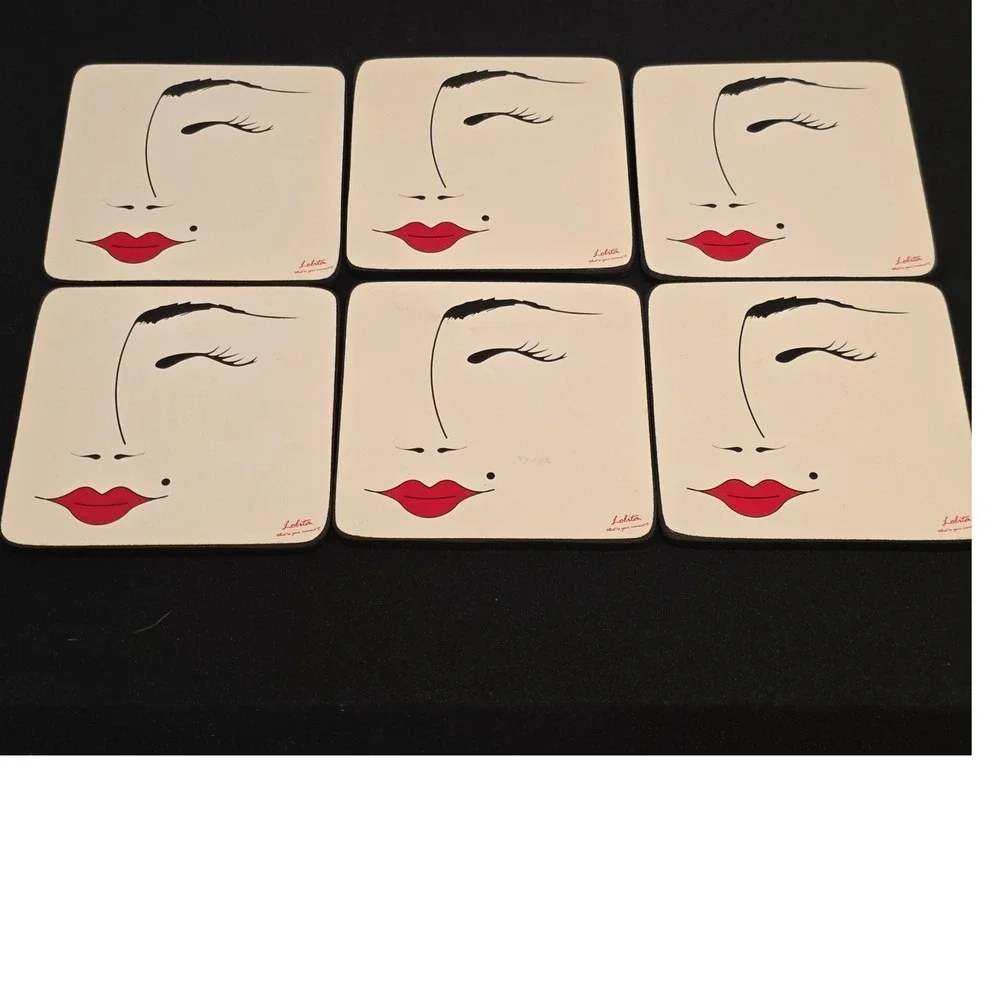 Lolita Whimsical Modern Sexy Red Lips Coasters Diva‎ Barware Retro Glam Set of 6